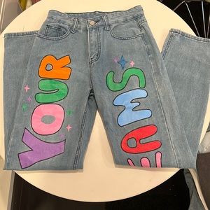 Painted wide leg jeans.